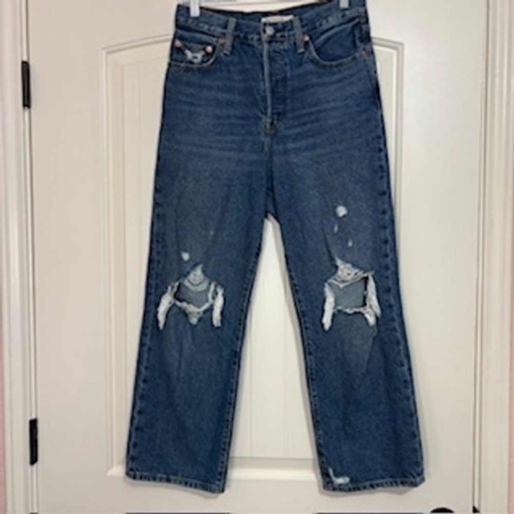 Levi's Ribcage Straight Ankle Jeans Women 28 Distressed High Rise Button Fly